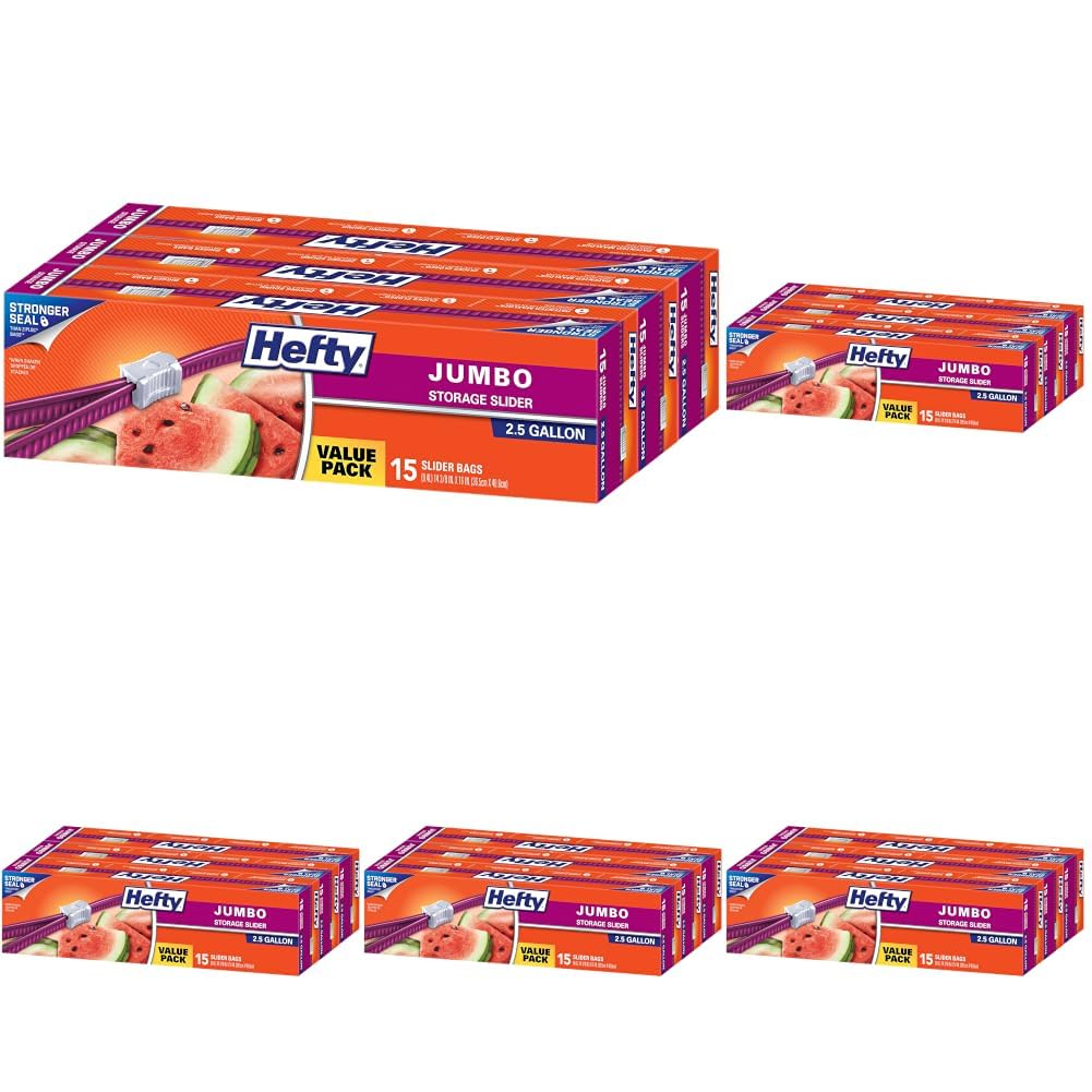 Hefty Slider Jumbo Storage Bags, 2.5 Gallon Size, 3 Boxes of 15 Bags (45 Total)