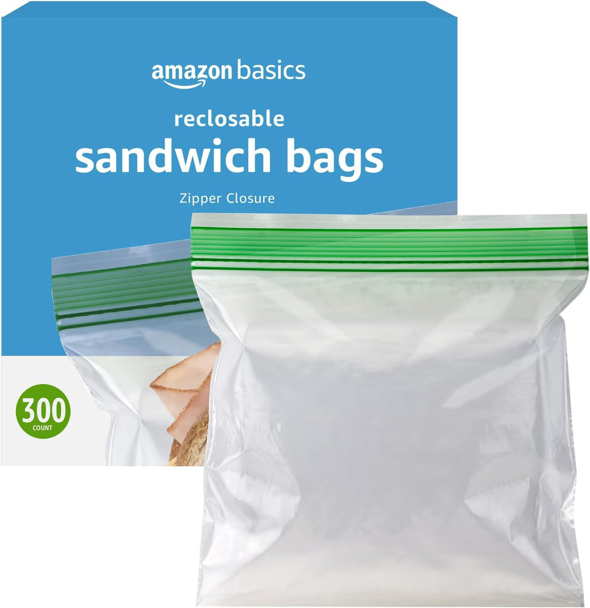 Amazon Basics Reclosable Double Zipper Sandwich Storage Bags for Food Storage, BPA Free, 100 Count