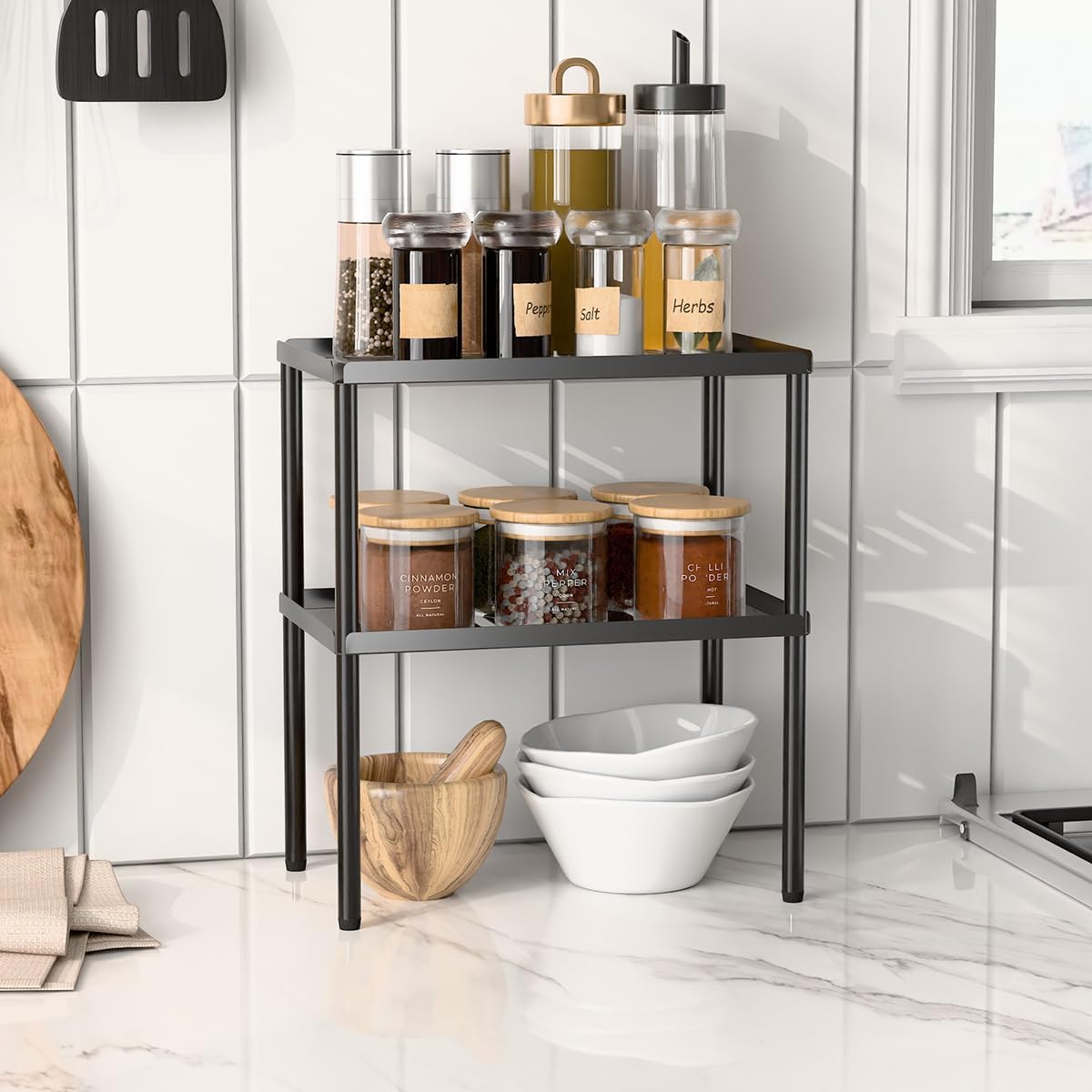 Cabinet Organizer Shelf, 2 Tier Kitchen Cabinet Organizer with Stackable Cabinet Shelves for Kitchen Countertop Storage, Metal Kitchen Shelf Organizer for Spice, Pantry & Under Sink