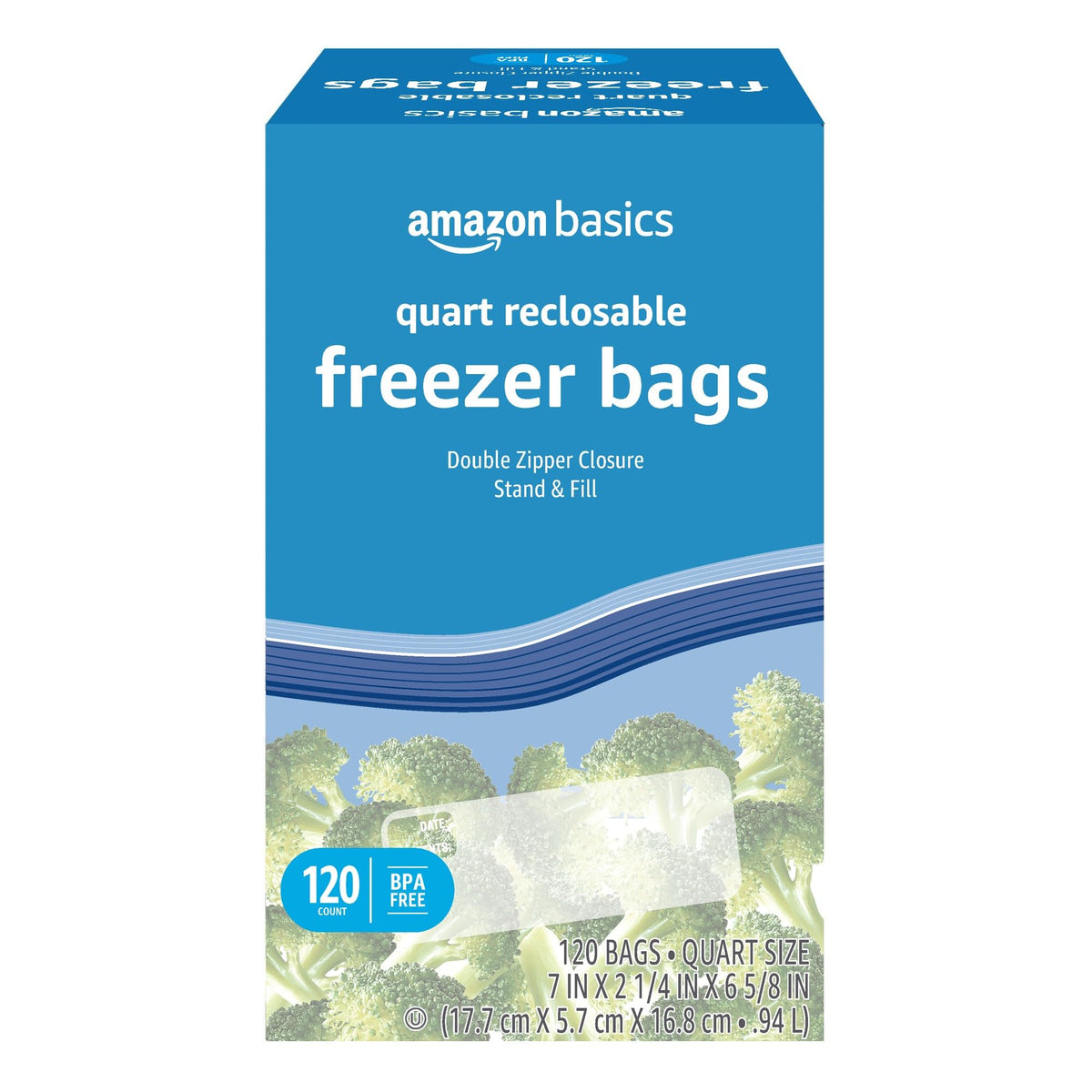 Amazon Basics Reclosable Freezer Gallon Size Bags with Double Zipper Seal, Stand-Up Bottom, BPA Free, 90 Count (Previously Solimo)