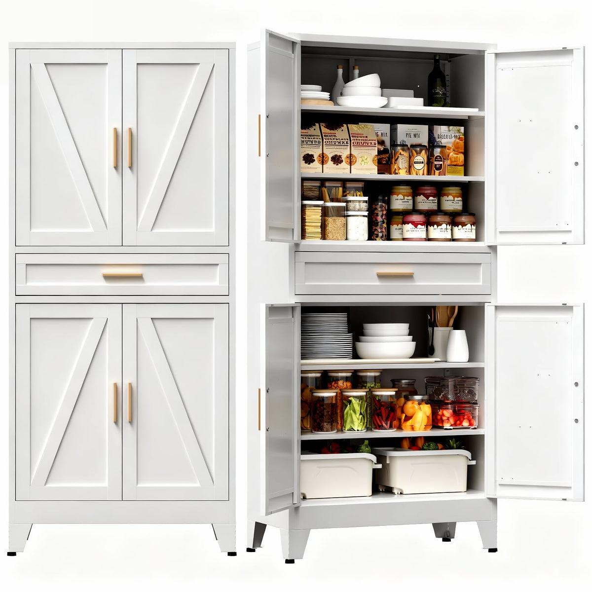 COFaR White Farmhouse Storage Kitchen Pantry Cabinet with 2 Barn Door, 3 Adjustable Shelves and Legs, for Cupboard/Dining Room/Bathroom/Living Room/Office/Laundry Room (White, 61" Farmhouse)