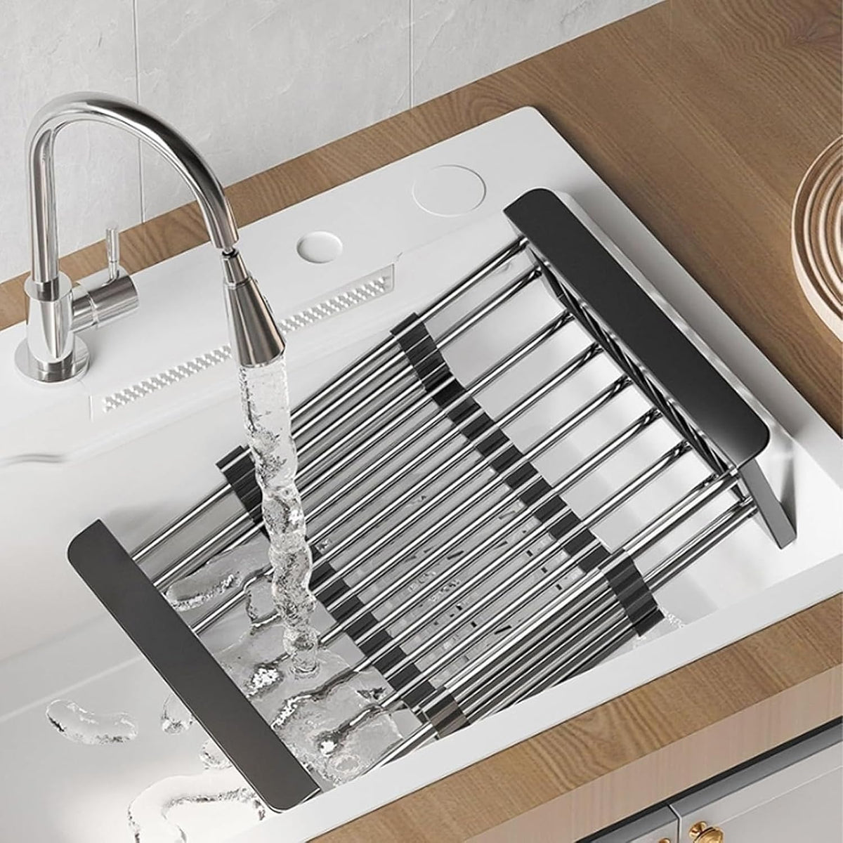 Extend Kitchen Sink Drain Basket,Stainless Steel Retractable Sink Rack,Over Sink Dish Rack,Portable Telescopic Kitchen Sinks Accessories,Extender Basket for Vegetables Fruits and Dishes(Black,Large)