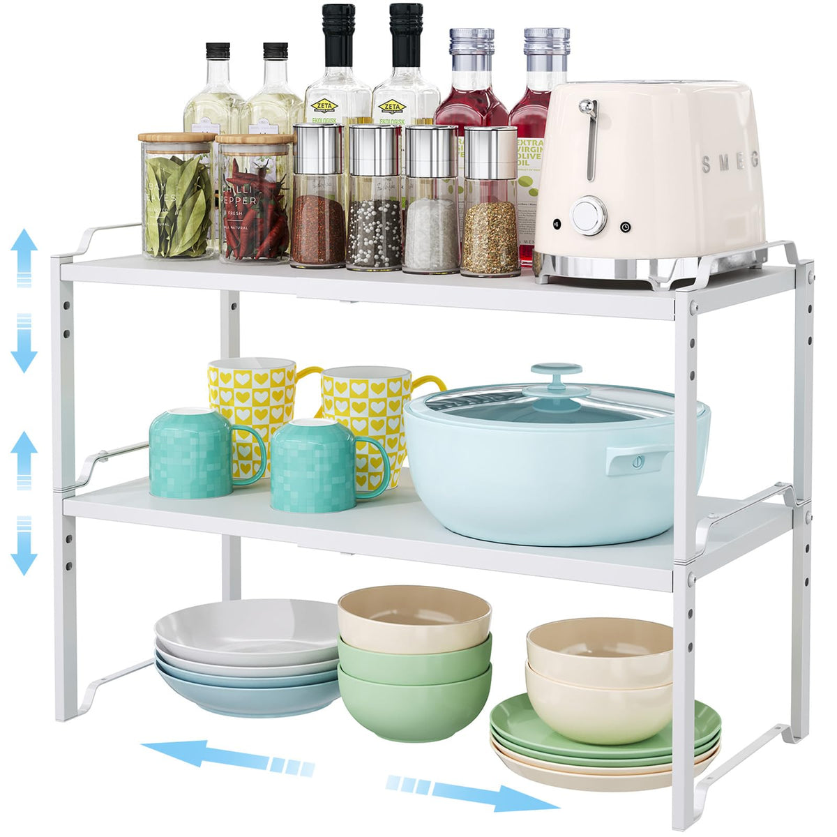 2 Pack 11” Depth Expandable Kitchen Cabinet Organizer Shelves, Heavy Duty Kitchen Countertop Organizers and Storage Rack, Stackable Metal Small Storage Shelf For Pantry Counter Cupboard Organization