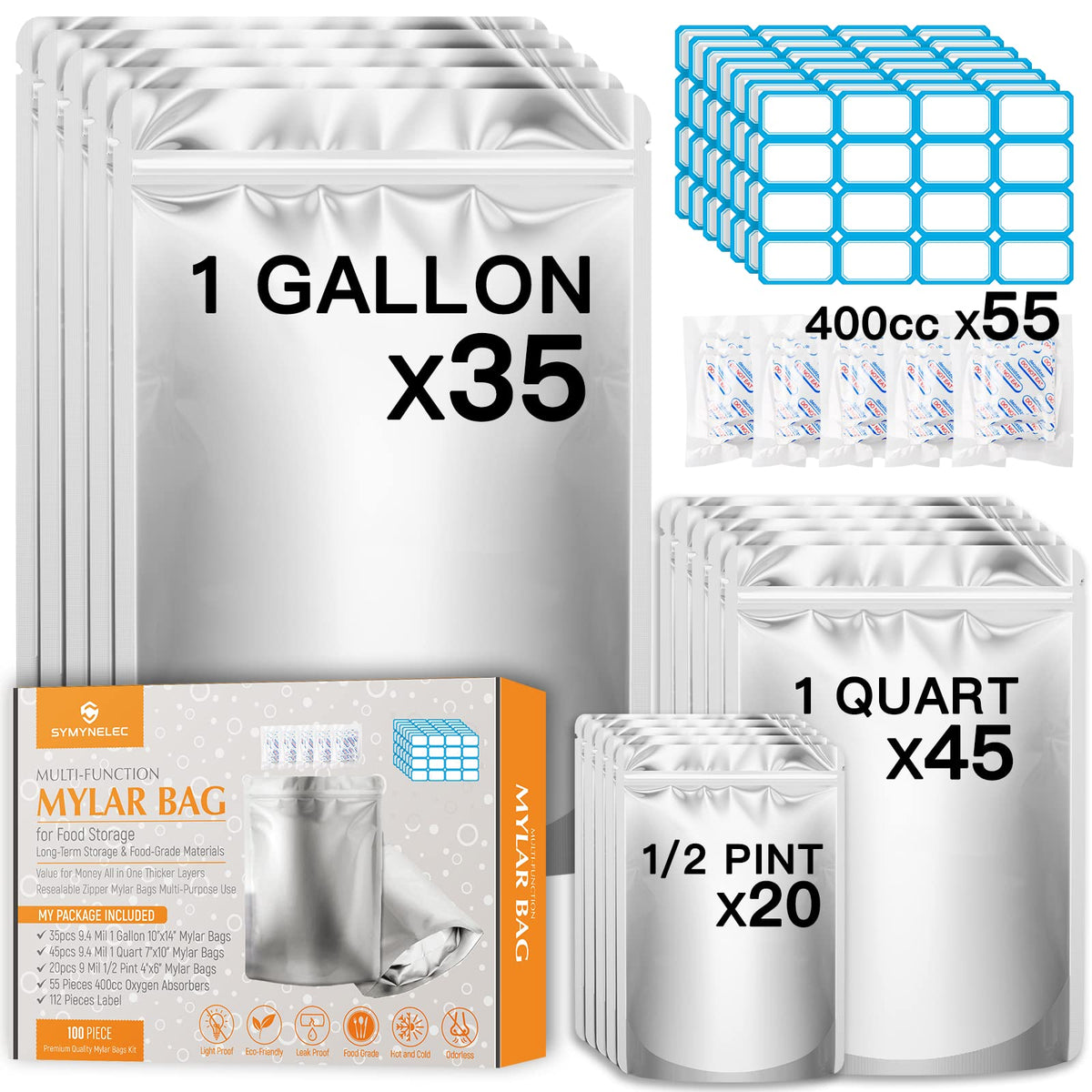 SYMYNELEC 100-Pack Mylar Bags with 400cc Oxygen Absorbers for Food Storage