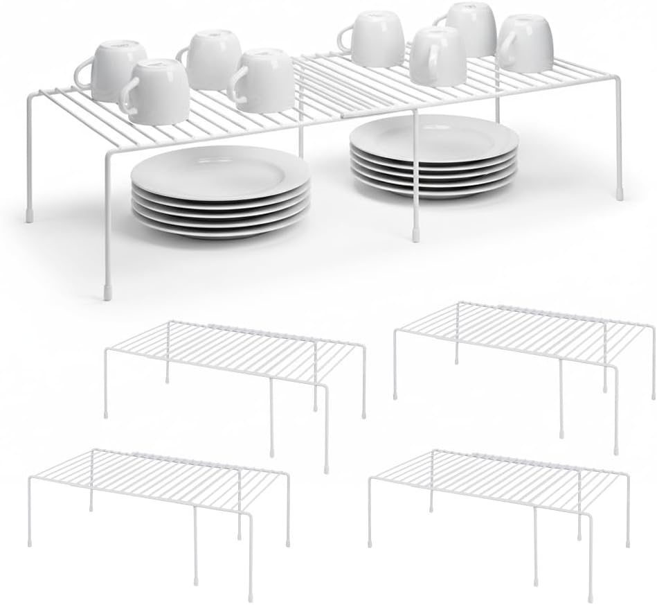 4-Pack Expandable Medium (13.4-25.1x9inch) Kitchen Organizer Rack, Kitchen Shelves for Spice Organization for Cabinet, Pantry Organizers and Storage, Spice Rack, Desk Organizer, White