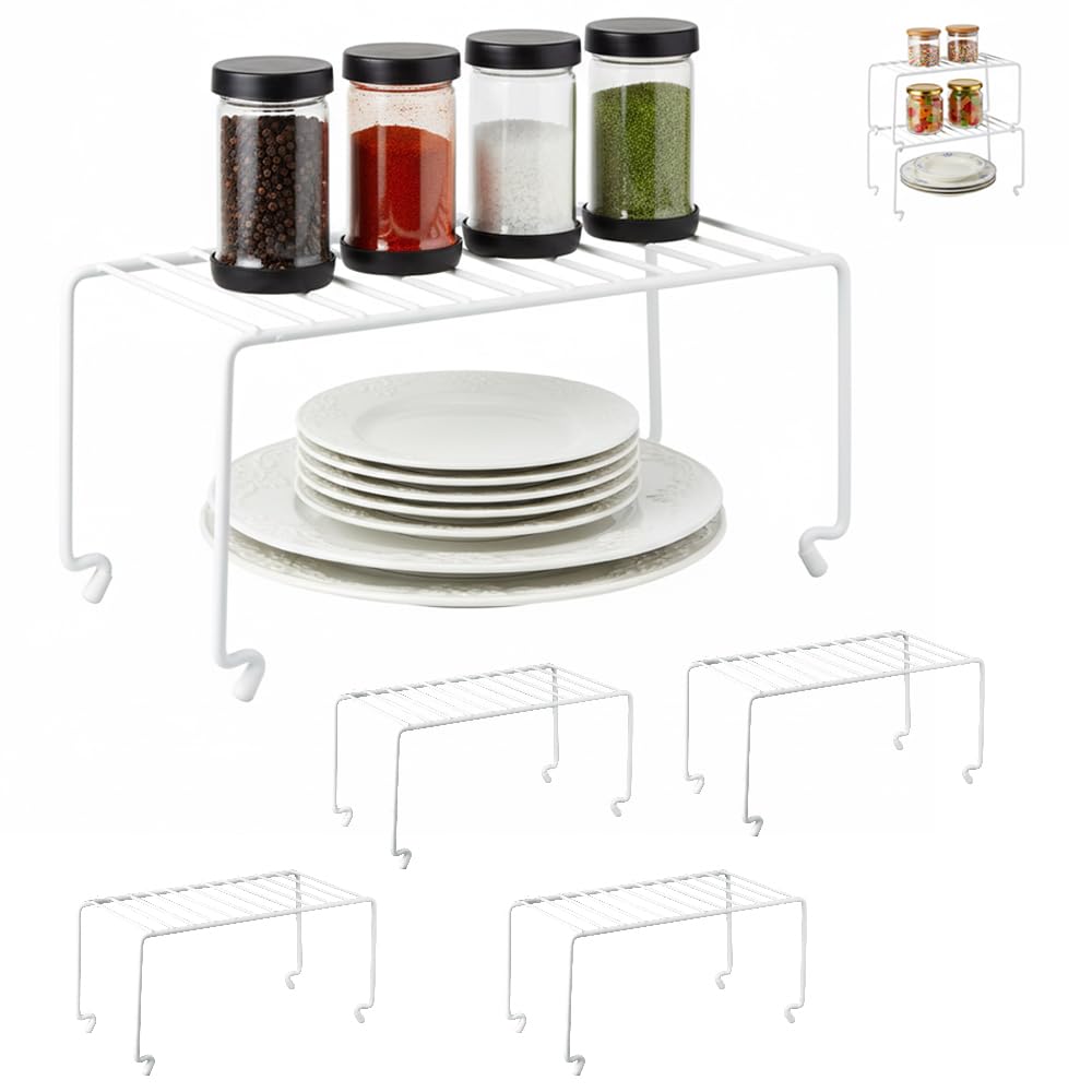 4-Pack Expandable Medium (13.4-25.1x9inch) Kitchen Organizer Rack, Kitchen Shelves for Spice Organization for Cabinet, Pantry Organizers and Storage, Spice Rack, Desk Organizer, White