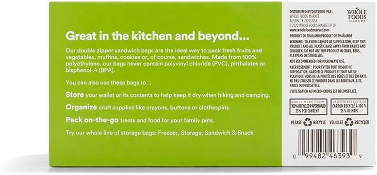 365 by Whole Foods Market, Sandwich Size Storage Bags, Double Zipper, 100 Count