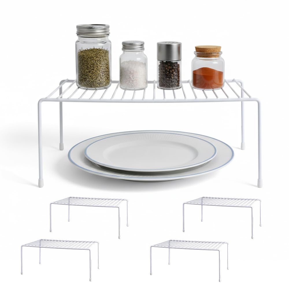 4-Pack Expandable Medium (13.4-25.1x9inch) Kitchen Organizer Rack, Kitchen Shelves for Spice Organization for Cabinet, Pantry Organizers and Storage, Spice Rack, Desk Organizer, White