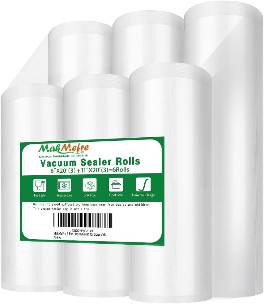 MakMeFre 6RL Vacuum Sealer Bags Rolls 8"x20'(3)+11"x20'(3) for Food Storage