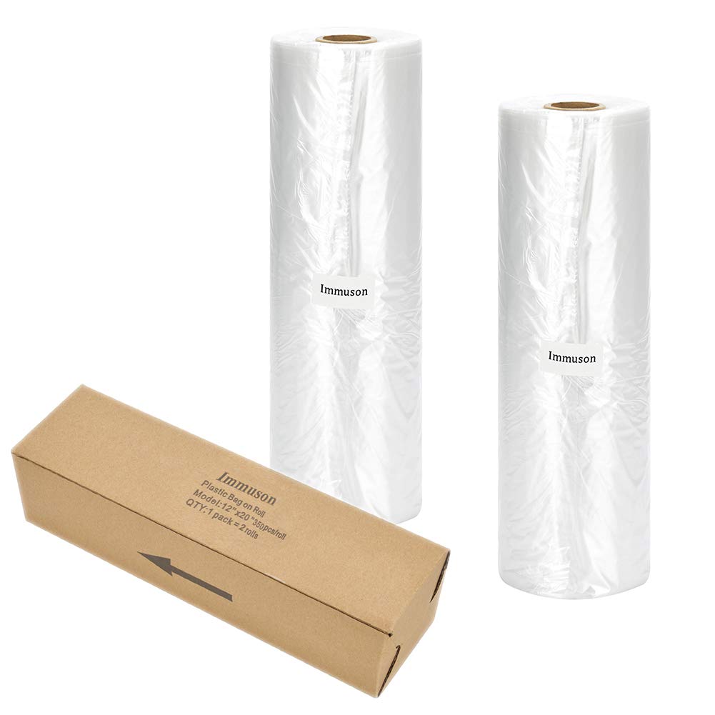 Immuson Food Storage Bag, 12 x 20 Plastic Produce Bag on a Roll, 2 Rolls Fruits, Vegetable, Bread, Food Storage Clear Bag, 350 Per Roll,700 Bags