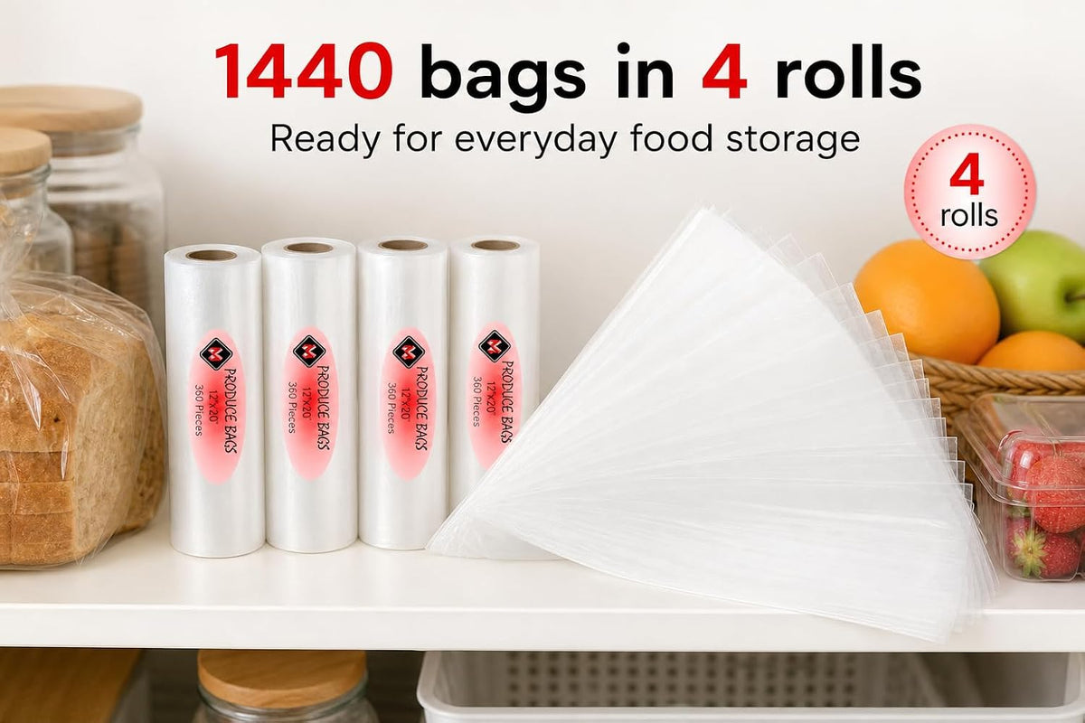 Mr Miracle Plastic Produce Bags for Food Storage - 12"x20" Clear Grocery Bag for Fruits, Vegetables, Bread - Easy Peel-Off Design, Continuous Roll, 1.75" Core, Pack of 1440 Bags [4 rolls]
