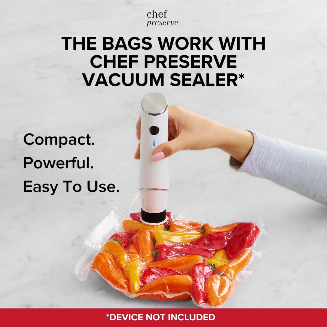 Chef Preserve Reusable Vacuum Sealer Bags for Food - 30 BPA-Free Small (8 x 10 in) Food Storage Bags, Freezer, Microwave - Odor-Resistant, Leak-Proof - Compatible with Chef Preserve Vacuum Sealers