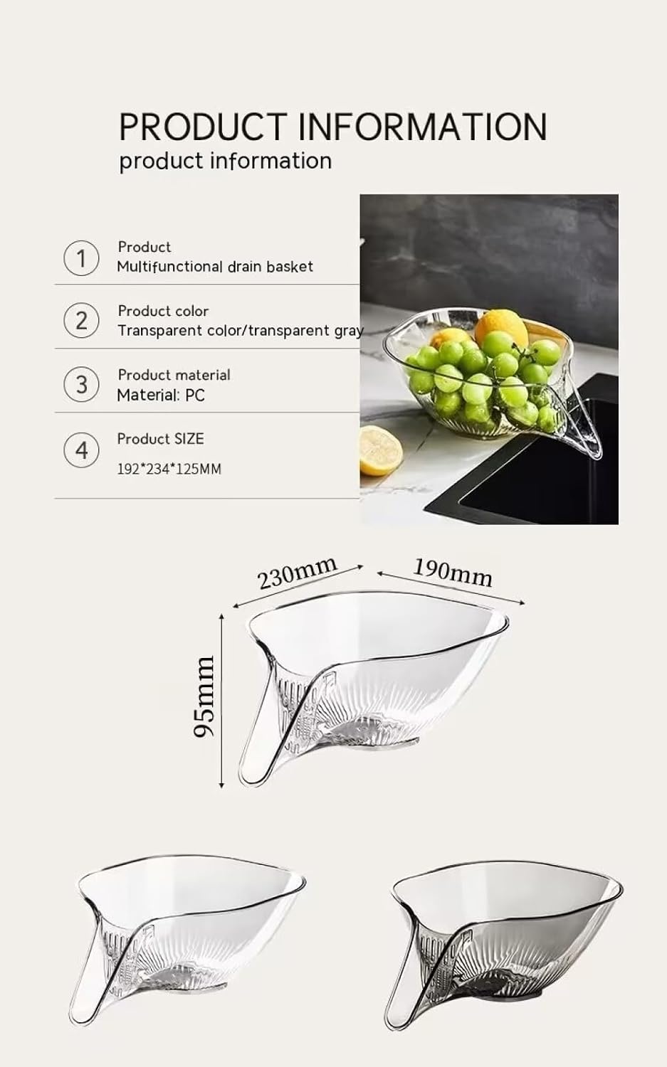2PCS Multi-functional Drain Basket, Drainage Basket Funnel, Multifunctional Fruits Vegetables Draining Bowl Washing Colander Kitchen Food Strainer (transparent)