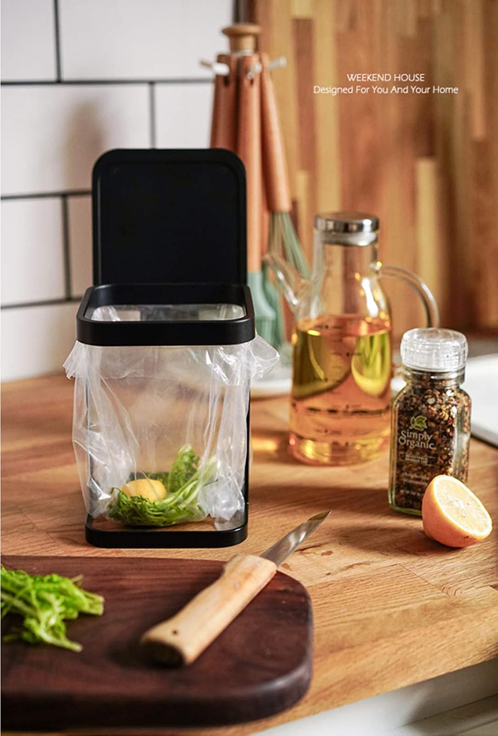 Metal Countertop Trash Can Garbage Bag Holder for Home Kitchen (Black)