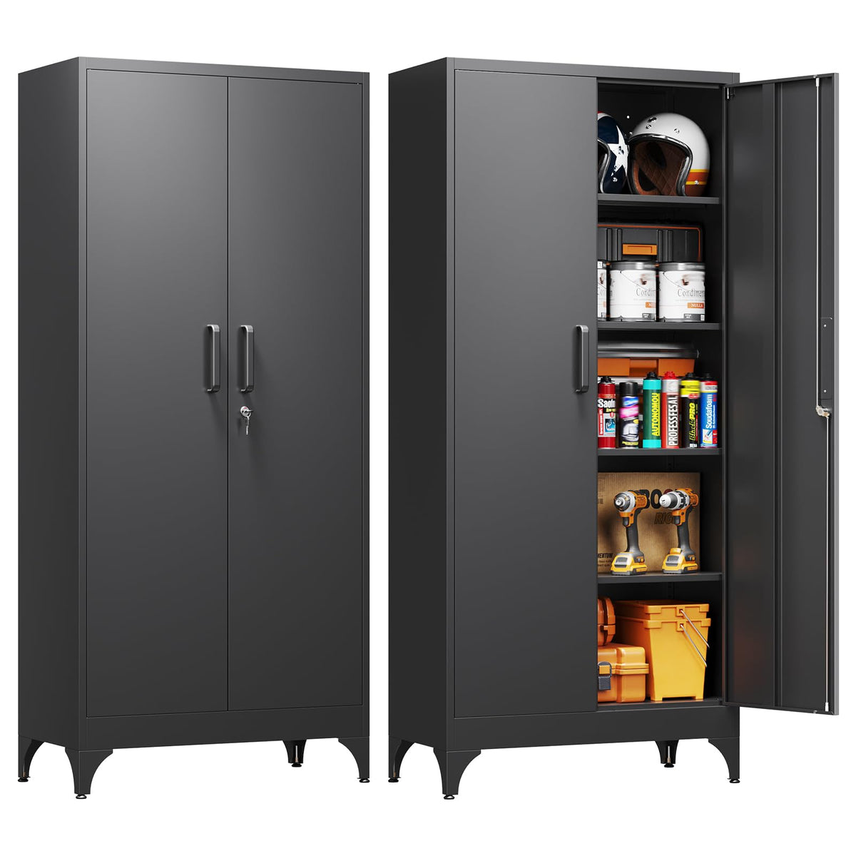 Yizosh Metal Garage Storage Cabinet with 2 Doors and 5 Adjustable Shelves - 71" Steel Lockable File Cabinet,Locking Tool Cabinets for Office,Home,Garage,Gym,School (Black)
