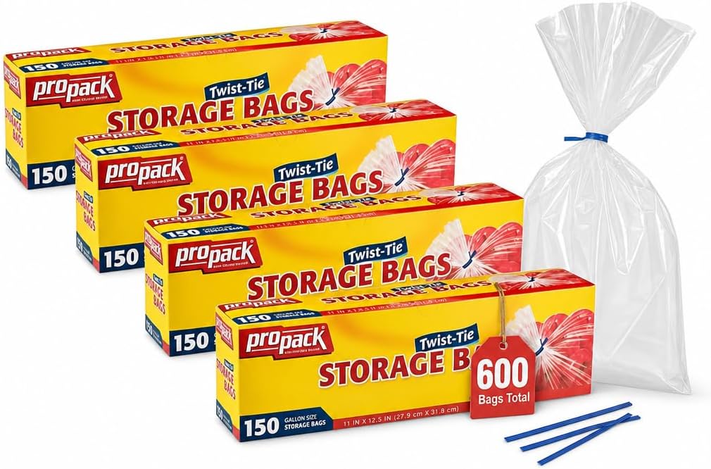 1 Gallon Twist Tie Storage Bags, Clear Plastic Food, 600 Count