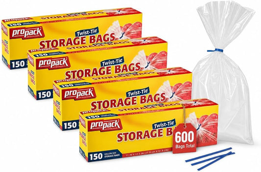 1 Gallon Twist Tie Storage Bags, Clear Plastic Food, 600 Count