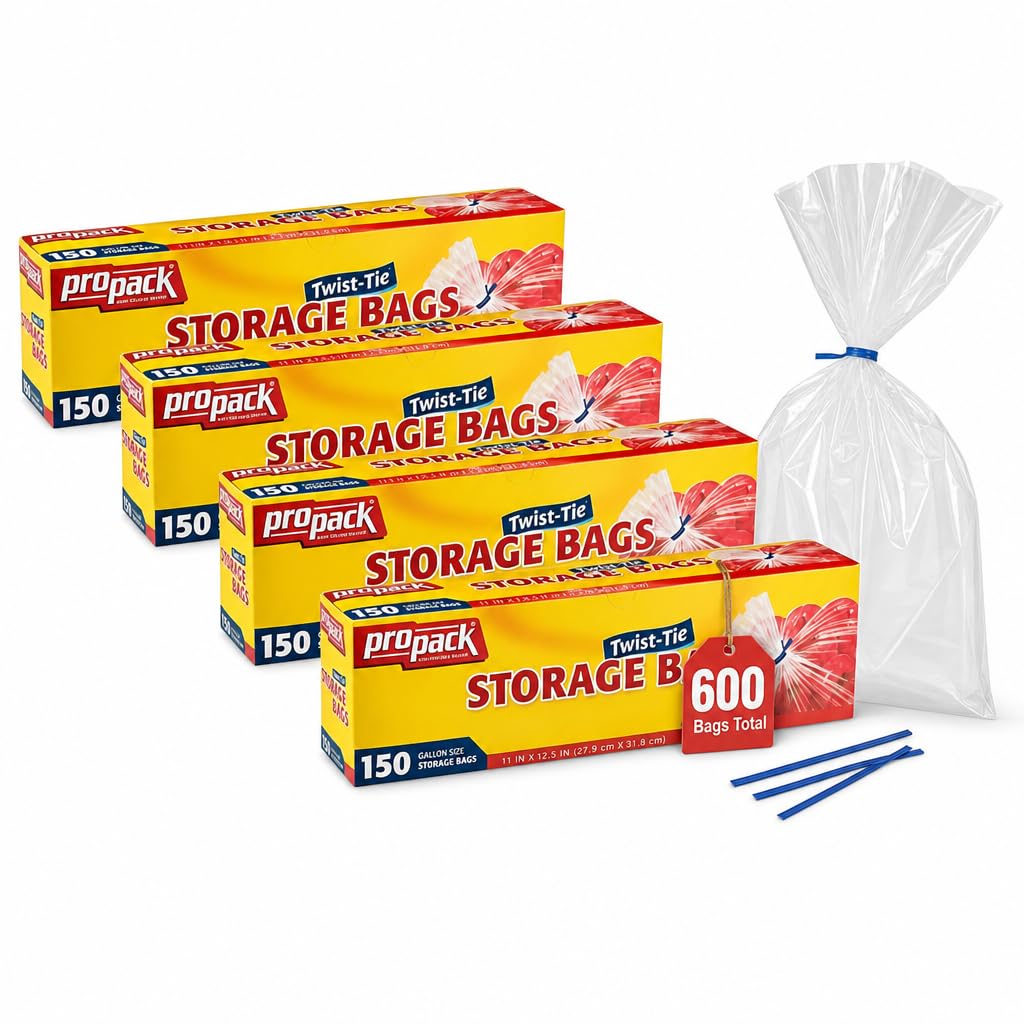 1 Gallon Twist Tie Storage Bags, Clear Plastic Food, 600 Count
