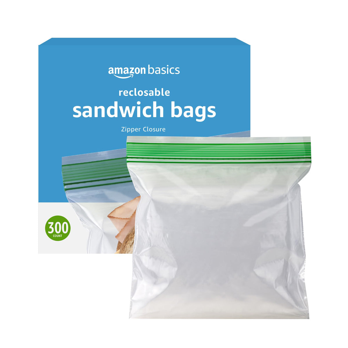 Amazon Basics Reclosable Double Zipper Sandwich Storage Bags for Food Storage, BPA Free, 100 Count