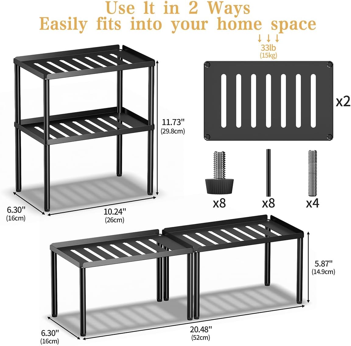 Cabinet Organizer Shelf, 2 Tier Kitchen Cabinet Organizer with Stackable Cabinet Shelves for Kitchen Countertop Storage, Metal Kitchen Shelf Organizer for Spice, Pantry & Under Sink