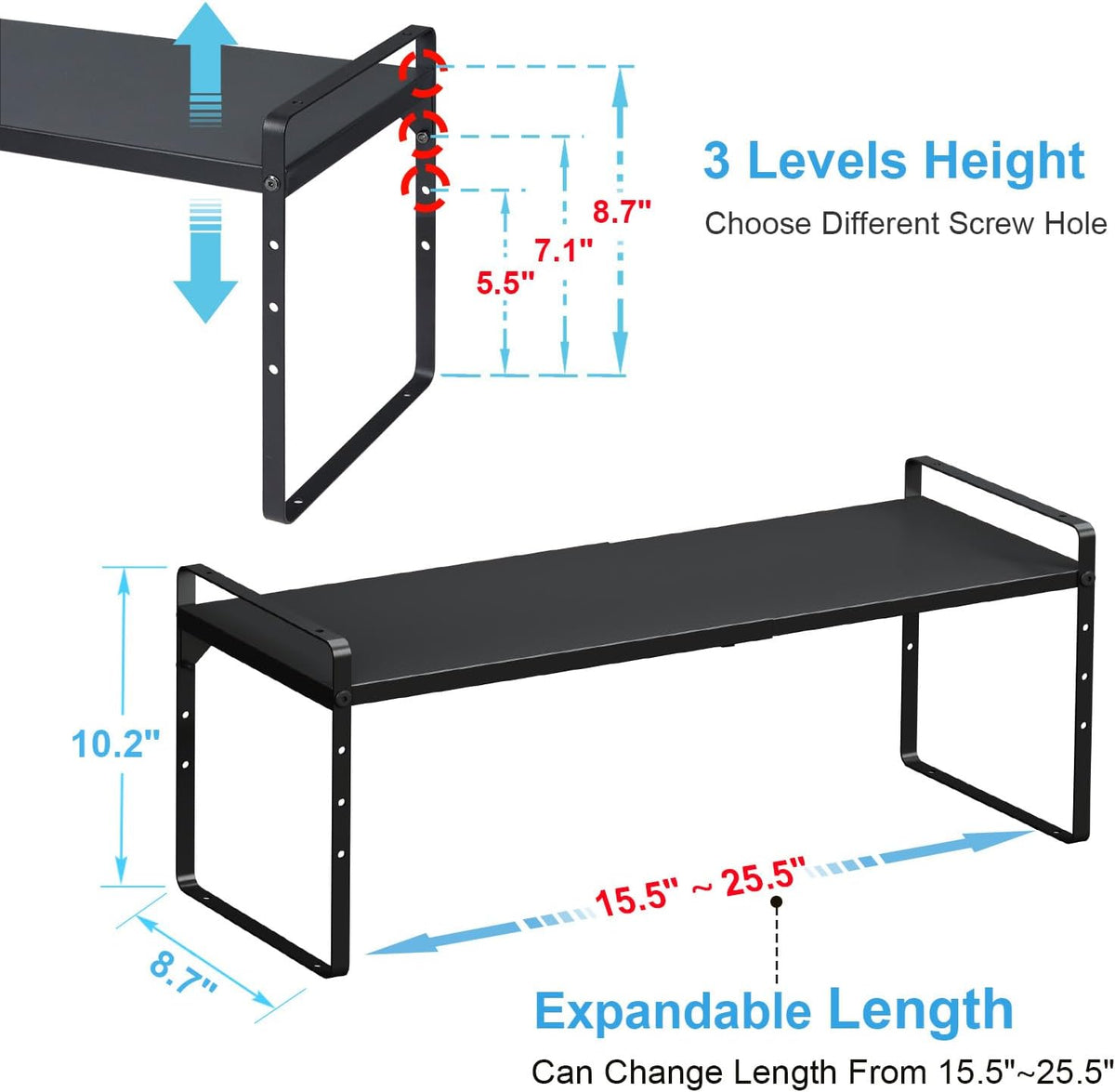 15.5 to 25.5 Inch Expandable Kitchen Cabinet Organizer Shelf, 2 Pack 30 LBS Heavy Duty Adjustable Kitchen Counter Storage Shelves Organizers,Stackable Small Storage Shelf Rack For Cabinet Cupboard