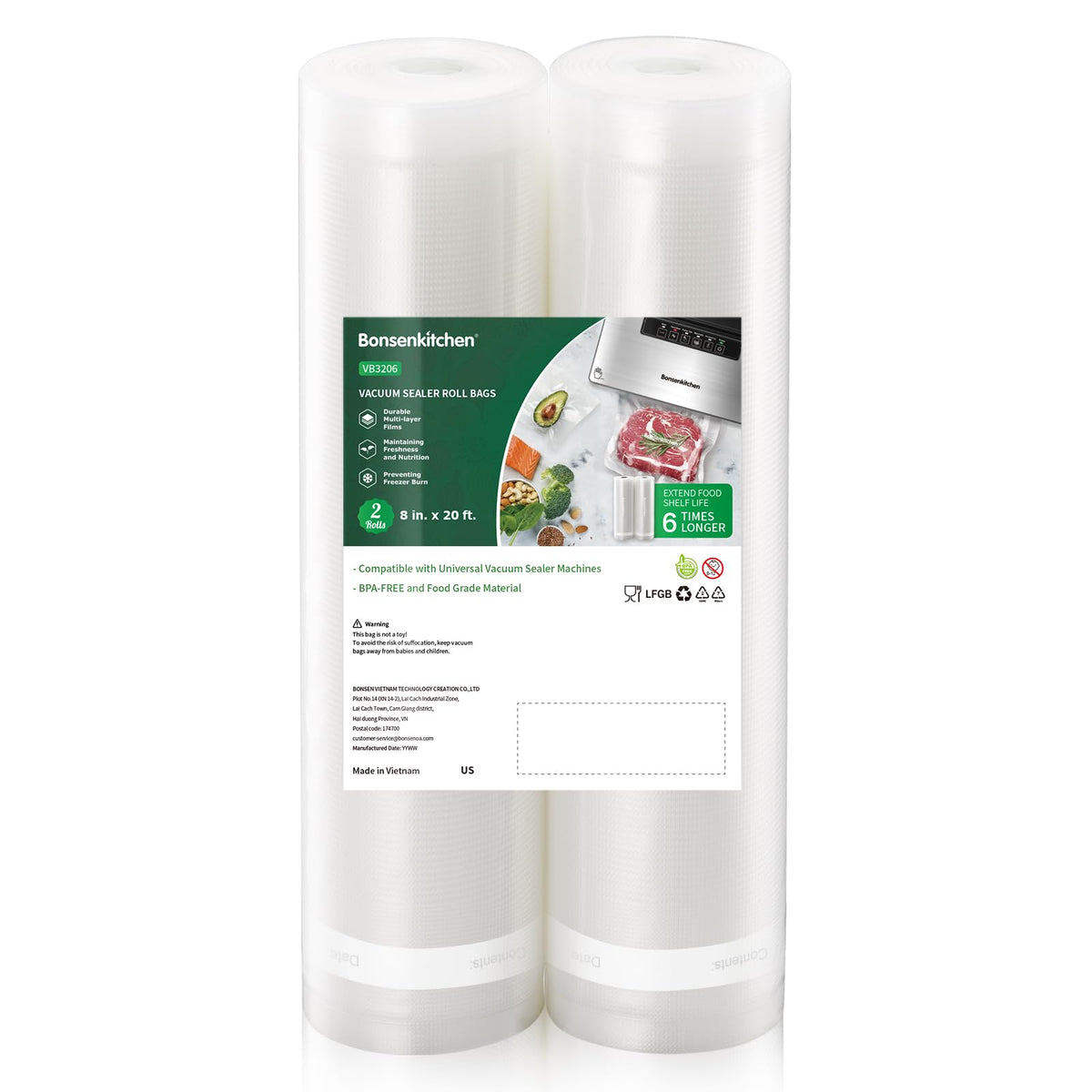 Bonsenkitchen Vacuum Sealer Rolls bags, 3 Rolls 11"x 20'+ 3 Rolls 8"x 20'