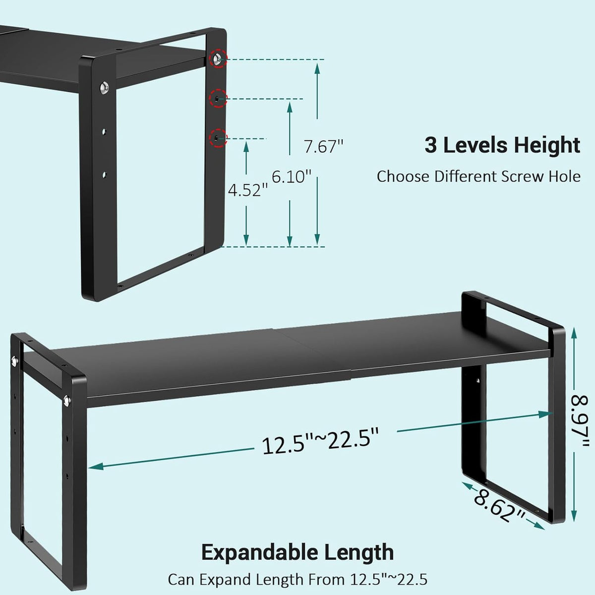 2 Pack Expandable Cabinet Organizer Shelves, 88lbs High Weight Capacity, Stackable Heavy-Duty Metal Storage Rack, Adjustable Cabinet Shelf for Kitchen, Pantry, Cupboard, Under Sink, Black