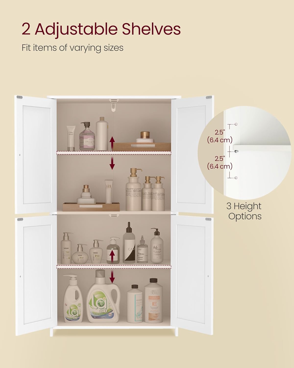 VASAGLE Floor Storage Cabinet, 2 Adjustable Shelves, 4 Doors,42.7" H