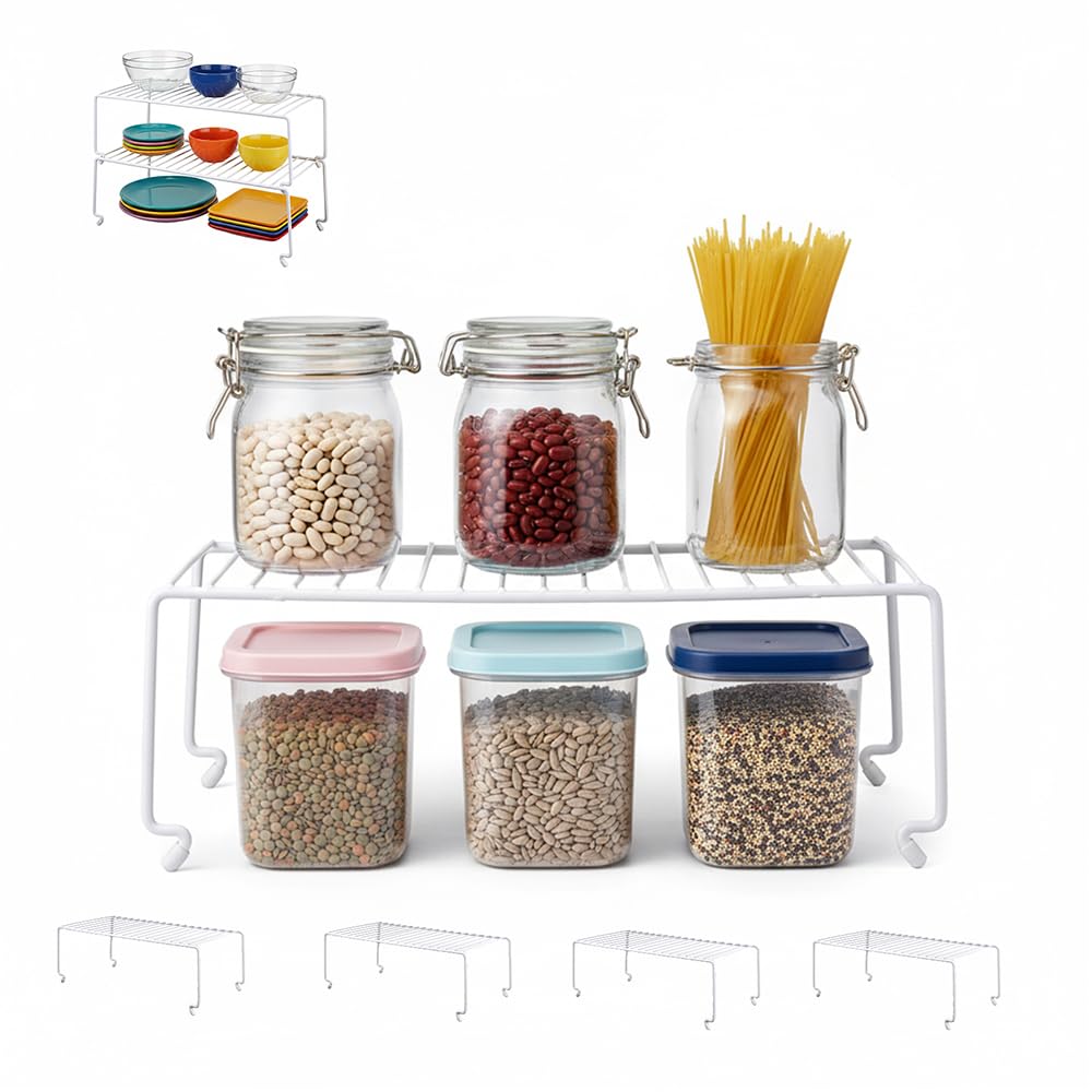 4-Pack Expandable Medium (13.4-25.1x9inch) Kitchen Organizer Rack, Kitchen Shelves for Spice Organization for Cabinet, Pantry Organizers and Storage, Spice Rack, Desk Organizer, White