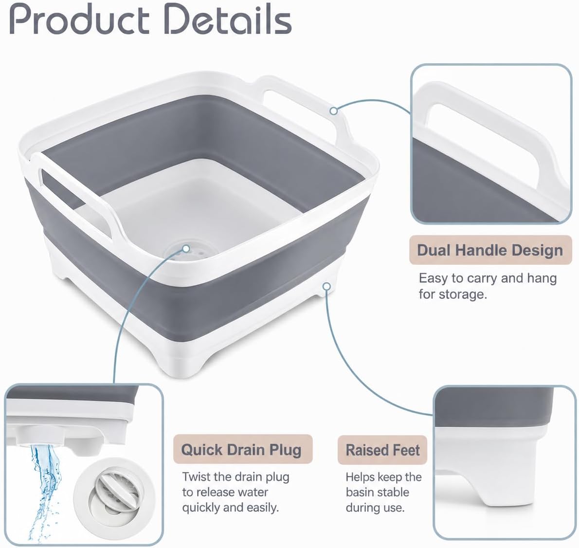 Collapsible Dish Basin with Drain Plug, Foldable Wash Basin 2.4 Gal (9L)