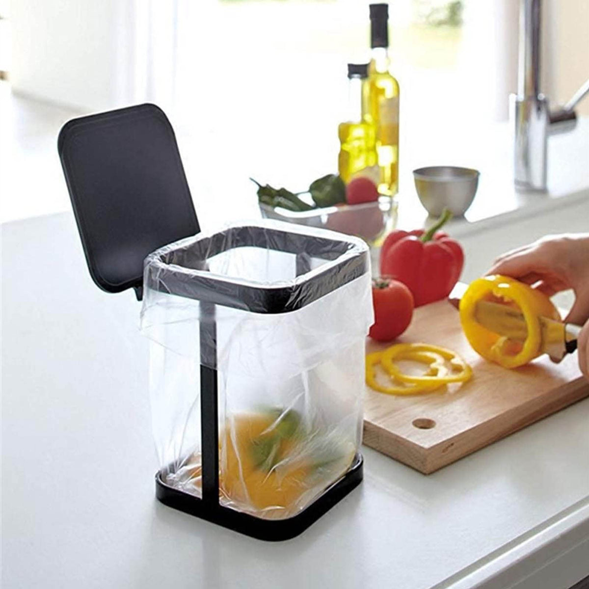 Metal Countertop Trash Can Garbage Bag Holder for Home Kitchen (Black)