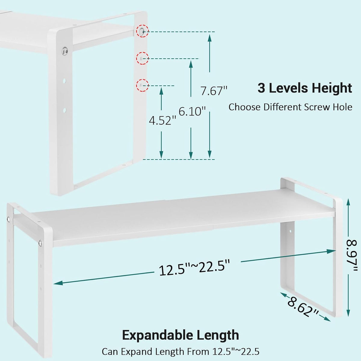2 Pack Expandable Cabinet Organizer Shelves, 88lbs High Weight Capacity, Stackable Heavy-Duty Metal Storage Rack, Adjustable Cabinet Shelf for Kitchen, Pantry, Cupboard, Under Sink, White