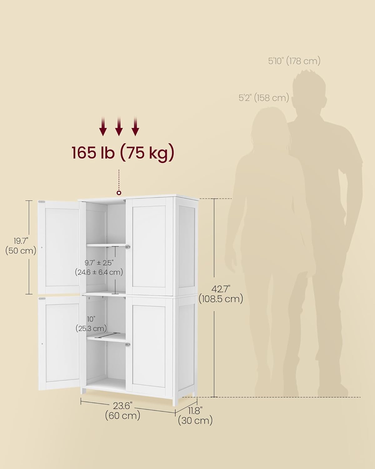 VASAGLE Floor Storage Cabinet, 2 Adjustable Shelves, 4 Doors,42.7" H