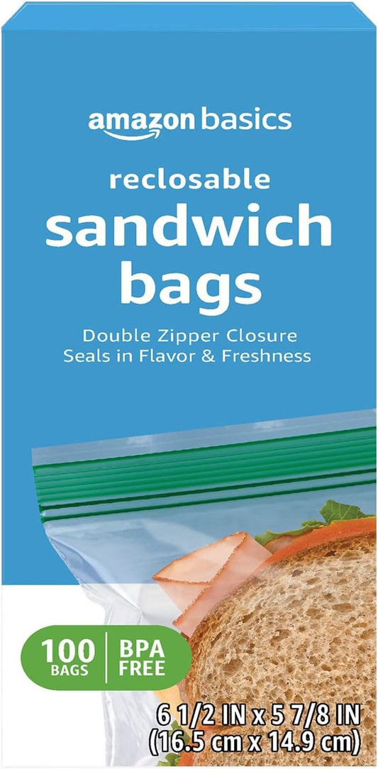 Amazon Basics Reclosable Double Zipper Sandwich Storage Bags for Food Storage, BPA Free, 100 Count