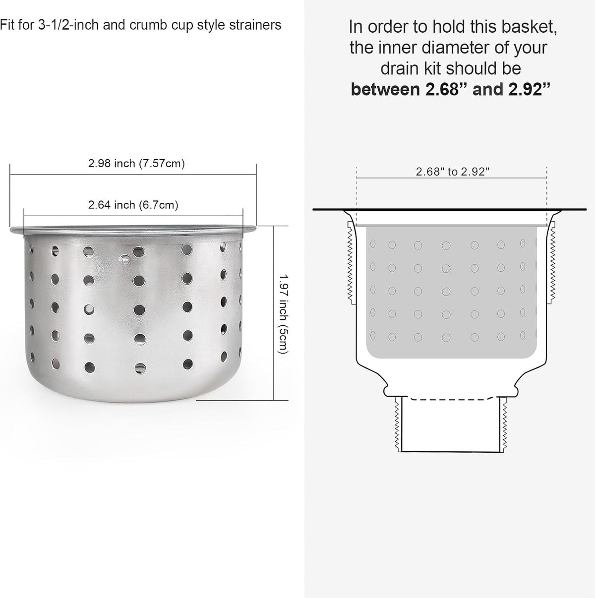 GZILA Kitchen Sink Drain Basket Only, 3-inch Basket for Kitchen Sink Strainer Replacement, Deep Cup Strainers with Handle, SUS 304 Stainless Steel