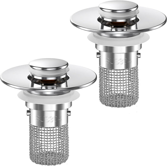 Bathroom Sink Drain Strainer,(2PCS) Pop-up Sink Drain Strainer with Removable Stainless Steel Strainer Basket Hair Catcher, Bathroom Sink Strainer for Bathroom Sink Stopper Replacement