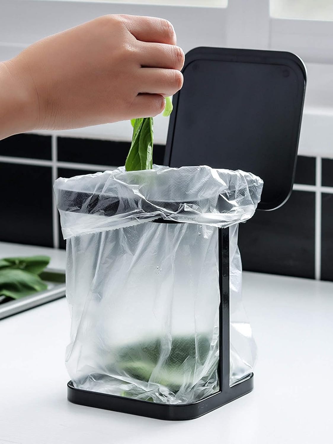 Metal Countertop Trash Can Garbage Bag Holder for Home Kitchen (Black)