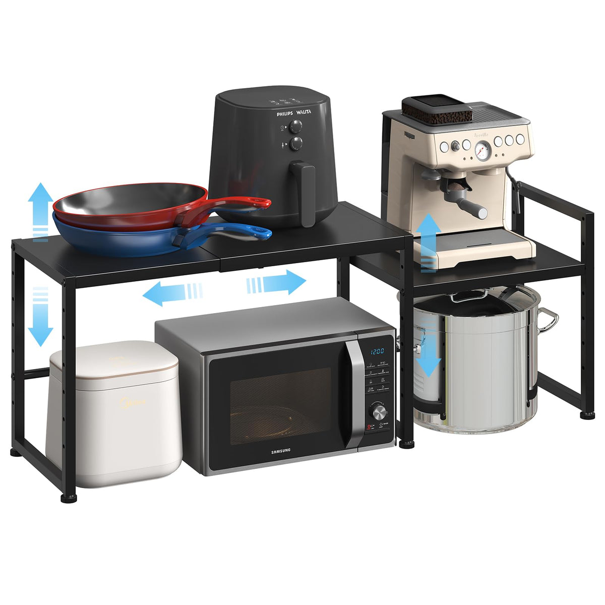 Expandable Metal Storage Shelves, 110LBS Heavy Duty Shelving Units and Storage for Pots Pans Small Appliances, Adjustable Metal Storage Shelf Organizer Rack for Kitchen Cabinets Closet Pantry Garage