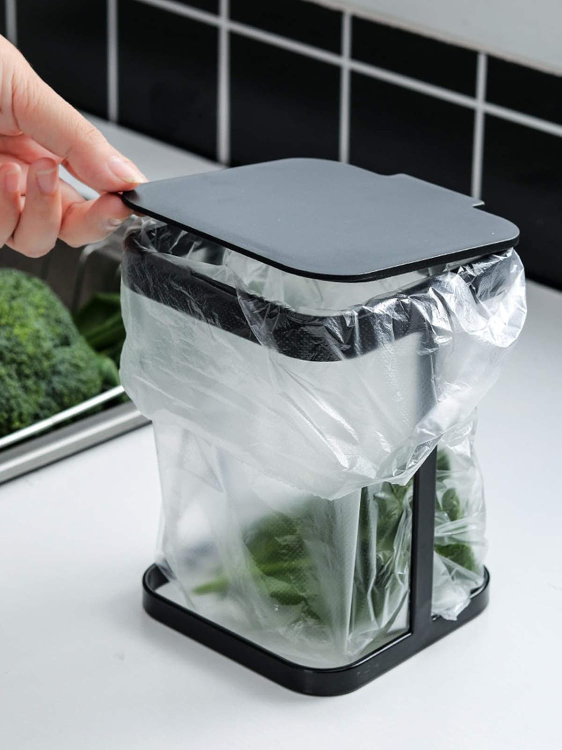 Metal Countertop Trash Can Garbage Bag Holder for Home Kitchen (Black)