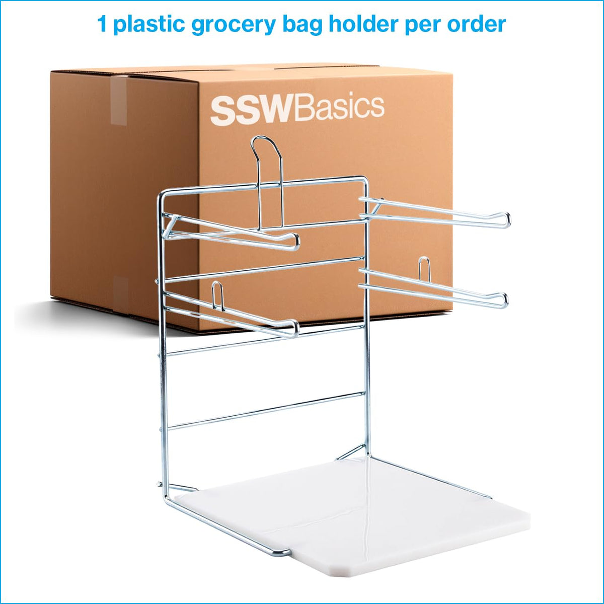 SSWBasics Plastic Grocery Bag Holder - Durable Chrome Stand for Easy Storage - Fits 11½”W x 6”D x 21”H Bags - Compact Unit, 12" W x 12" L x 16" H