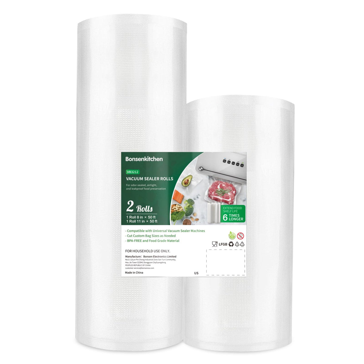 Bonsenkitchen Vacuum Sealer Rolls bags, 3 Rolls 11"x 20'+ 3 Rolls 8"x 20'