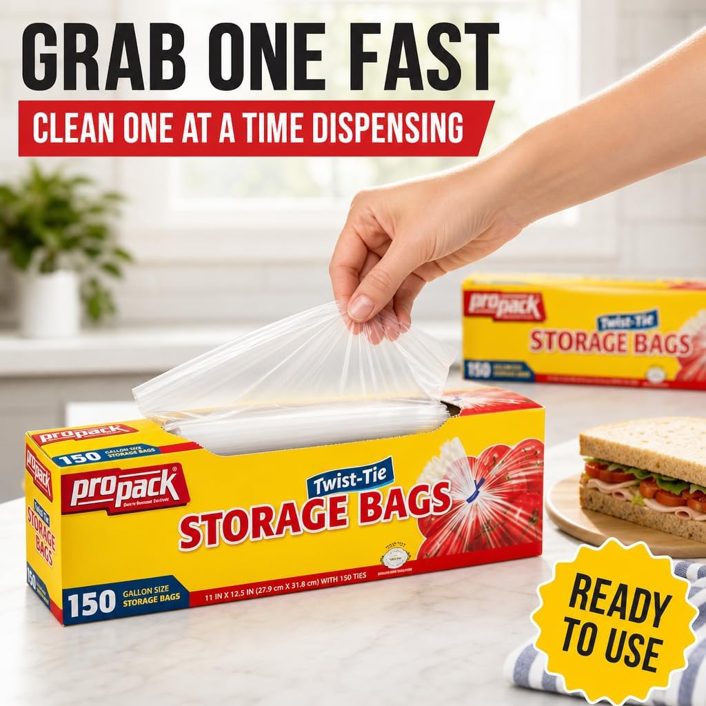 1 Gallon Twist Tie Storage Bags, Clear Plastic Food, 600 Count
