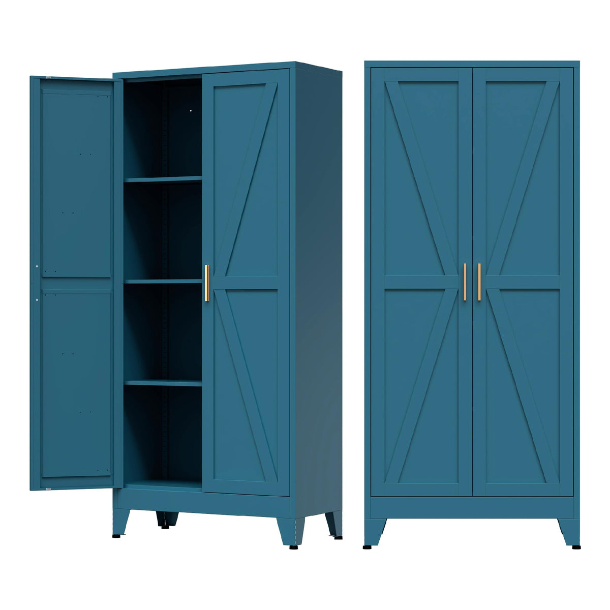 COFaR White Farmhouse Storage Kitchen Pantry Cabinet with 2 Barn Door, 3 Adjustable Shelves and Legs, for Cupboard/Dining Room/Bathroom/Living Room/Office/Laundry Room (White, 61" Farmhouse)