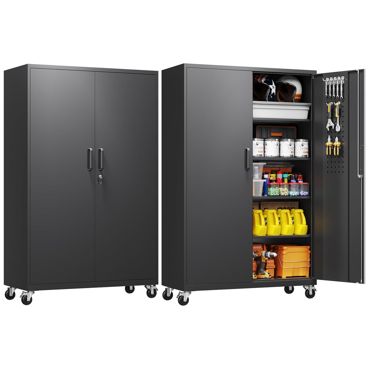 Yizosh Metal Garage Storage Cabinet with 2 Doors and 5 Adjustable Shelves - 71" Steel Lockable File Cabinet,Locking Tool Cabinets for Office,Home,Garage,Gym,School (Black)