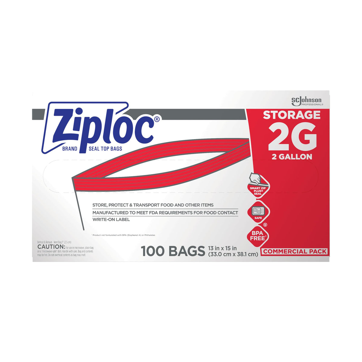 SC Johnson Professional Ziploc Brand Food Storage 2 Gallon Bags, Food Storage Ziploc Brand Bags, Commercial Pack, 100 Count Box, for Professional Use Only