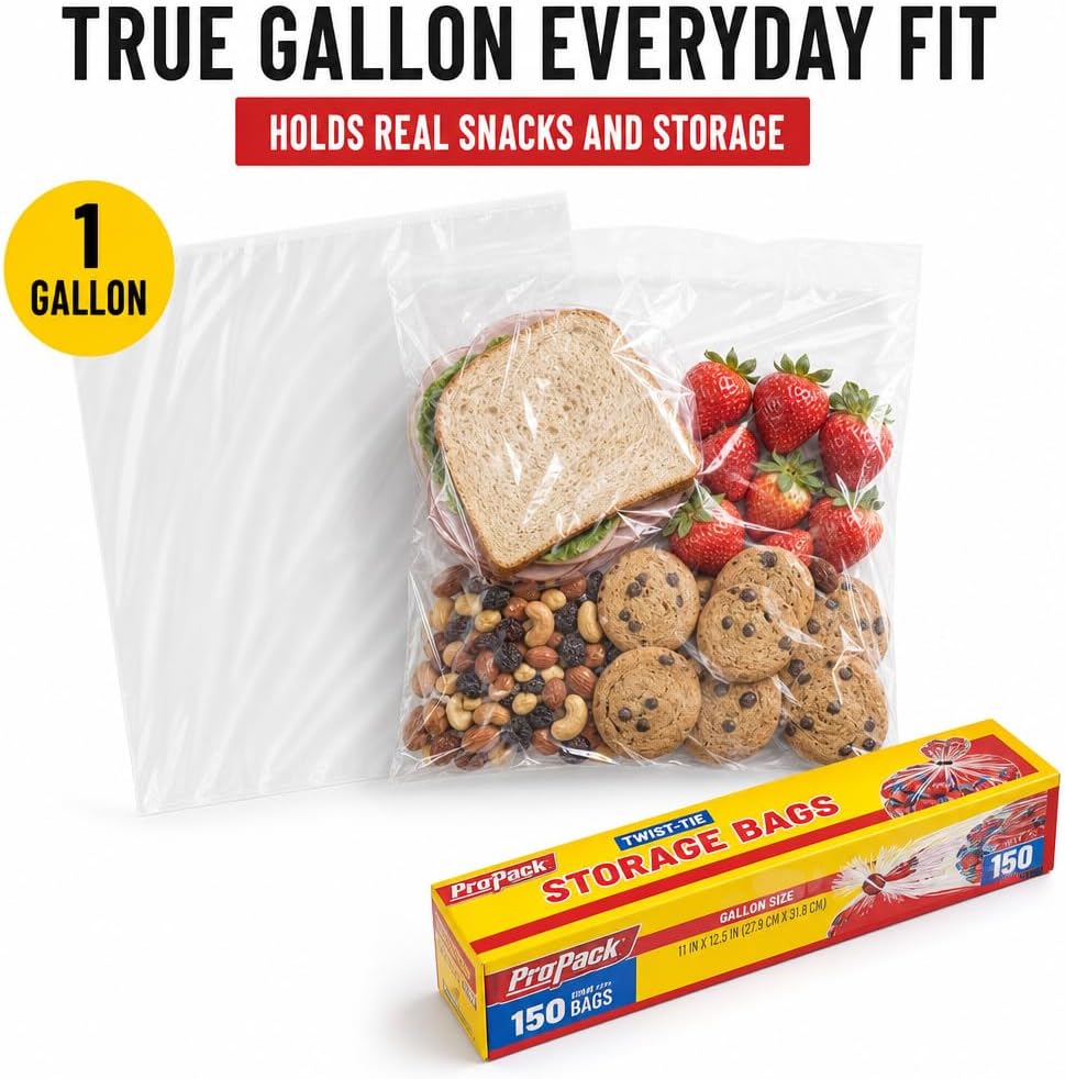 1 Gallon Twist Tie Storage Bags, Clear Plastic Food, 600 Count
