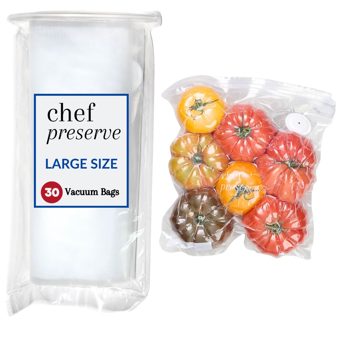 Chef Preserve Reusable Vacuum Sealer Bags for Food - 30 BPA-Free Small (8 x 10 in) Food Storage Bags, Freezer, Microwave - Odor-Resistant, Leak-Proof - Compatible with Chef Preserve Vacuum Sealers