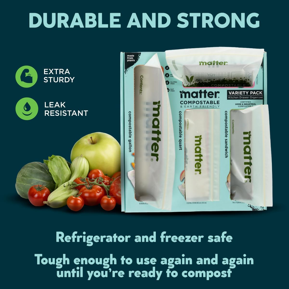 Matter Compostable Resealable Bags, Snack, Sandwich, Quart, Gallon 230 Ct