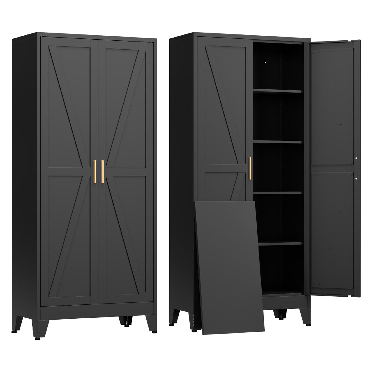 COFaR White Farmhouse Storage Kitchen Pantry Cabinet with 2 Barn Door, 3 Adjustable Shelves and Legs, for Cupboard/Dining Room/Bathroom/Living Room/Office/Laundry Room (White, 61" Farmhouse)