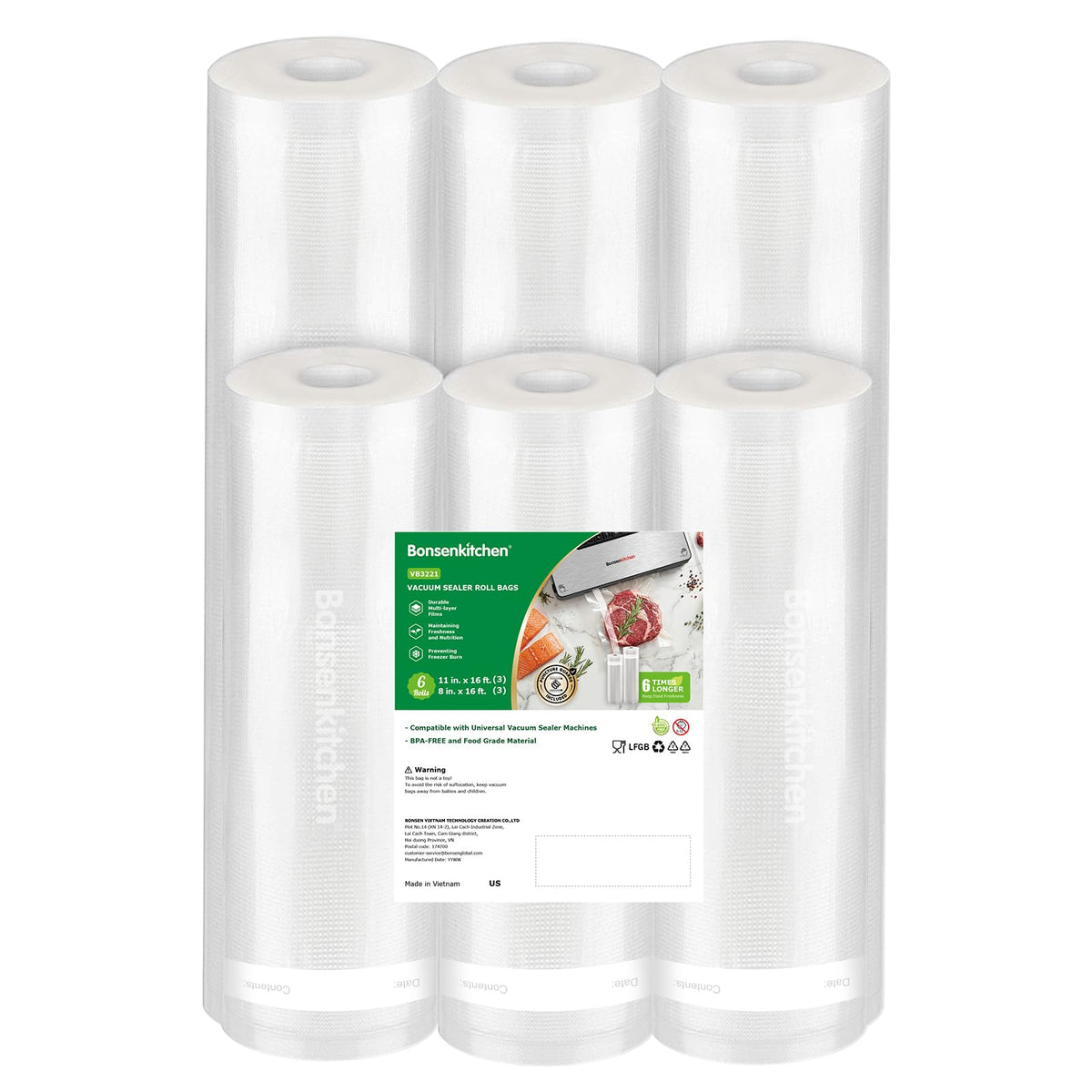 Bonsenkitchen Vacuum Sealer Rolls bags, 3 Rolls 11"x 20'+ 3 Rolls 8"x 20'